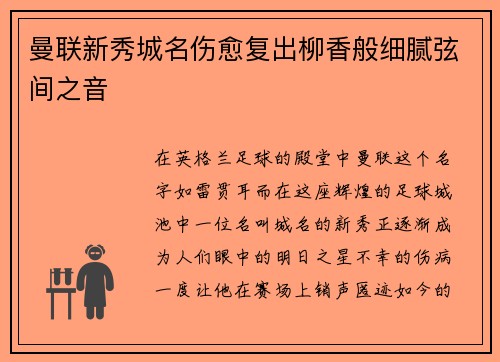 曼联新秀城名伤愈复出柳香般细腻弦间之音
